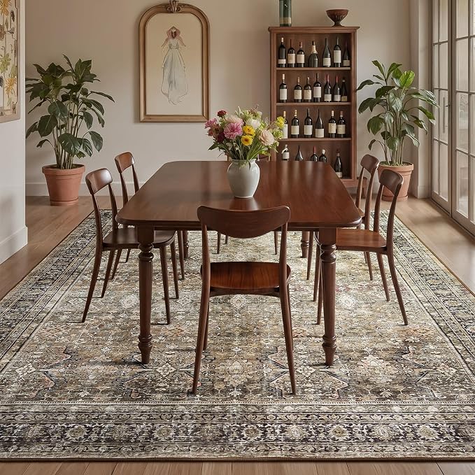 8x10 Area Rugs for Living Room, Non-Slip Washable Brown Large Carpet | Soft Area Rugs for Bedroom, Dining Room, Home Office Indoor Nursery, Stain Resistant, Low Pile, Vintage Distressed Rug