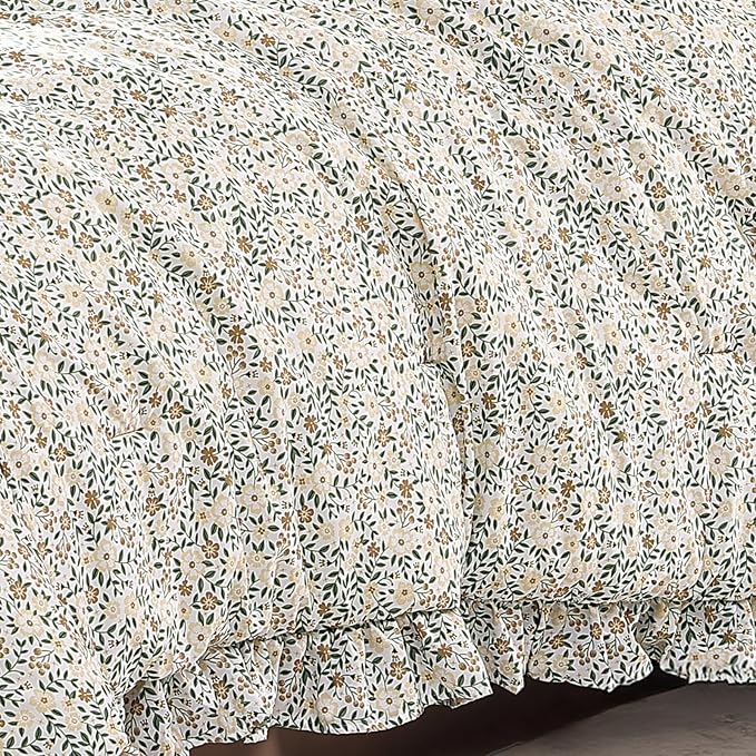 Twin XL Comforter Set-5 Pieces Floral Ruffle Bedding Set | Beige Ditzy Bed in a Bag, Soft Lightweight All Season Farmhouse Twin XL Bedding Set with Sheets, Pillowcases & Shams
