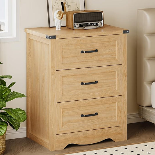 BORNOON 3-Drawer Dresser for Bedroom, Small Wooden Chest of Drawers with Metal Handles, Narrow Storage Cabinet with Anti-Tipping Design, Sturdy Dresser Organizer for Closet, Living Room, Entryway