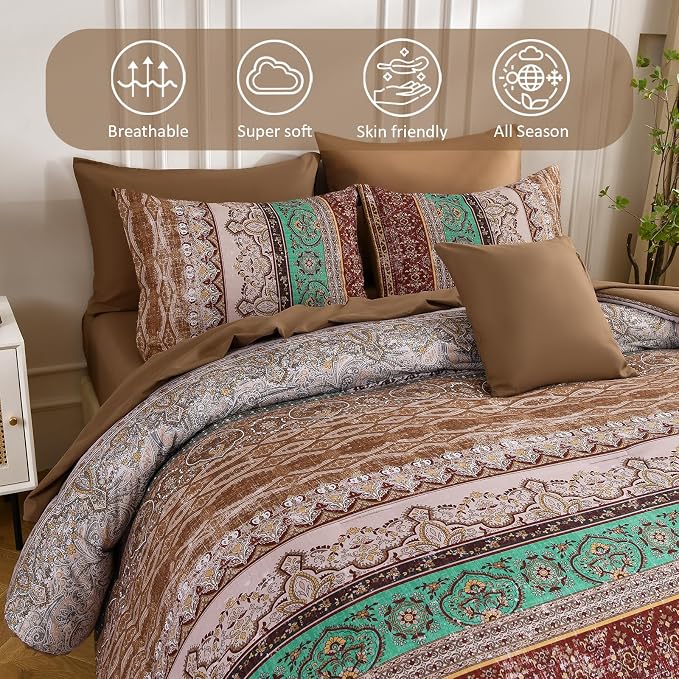 Cottolester Boho Queen Comforter Set 8 Pieces, Brown Bohemian Striped Bed in a Bag, Paisley Soft Microfiber Bedding Comforter Set