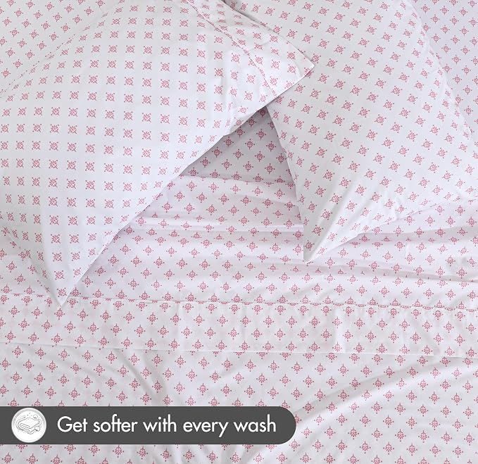 RUVANTI 100% Cotton Percale Sheets Split King Size, Block Print Motif | Crisp Cooling, Deep Pocket 16", Soft Breathable & Durable, Hotel-Style, 5 Piece Set