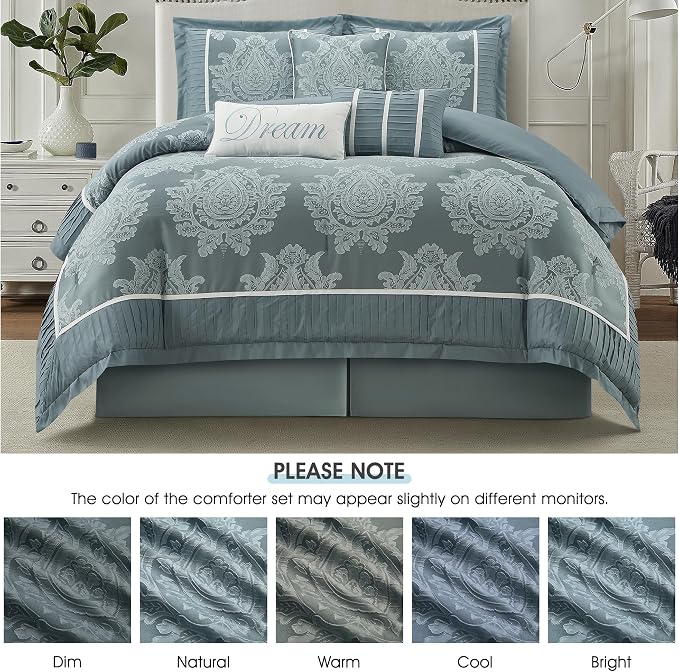 Blue California King Comforter Set 7 Pieces, Jacquard Woven with Damask, Bedding Set in a Bag Includes Comforter, Bed Skirt, Pillow Shams, and Decorative Pillows