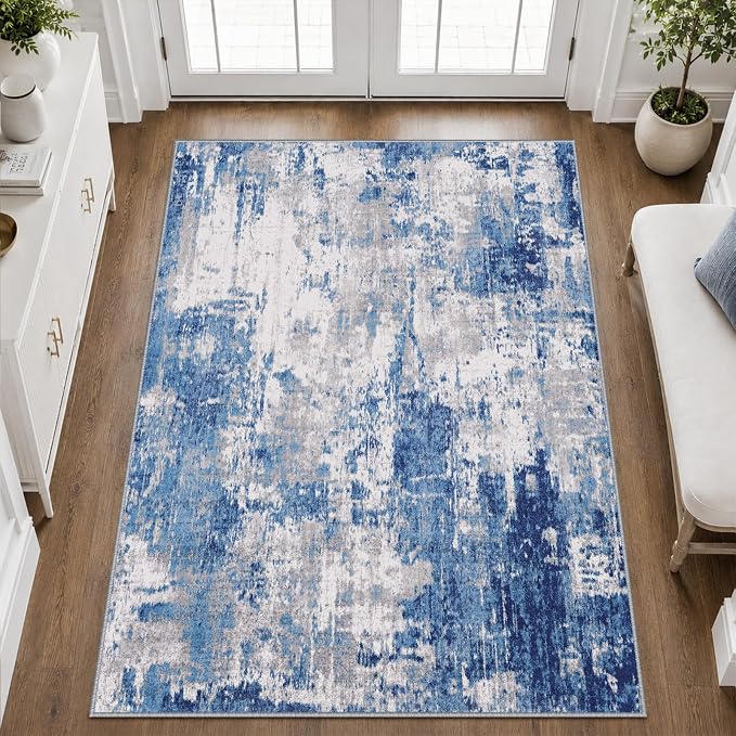 RELEANY Washable 3'x5' Abstract Area Rug for Living Room Blue Gray | Carpet for Bedroom, Kitchen, Office, Hallway and Entryway, Printed Pattern, Non‑Slip, Soft, Stain‑Resistant, Easy to Clean