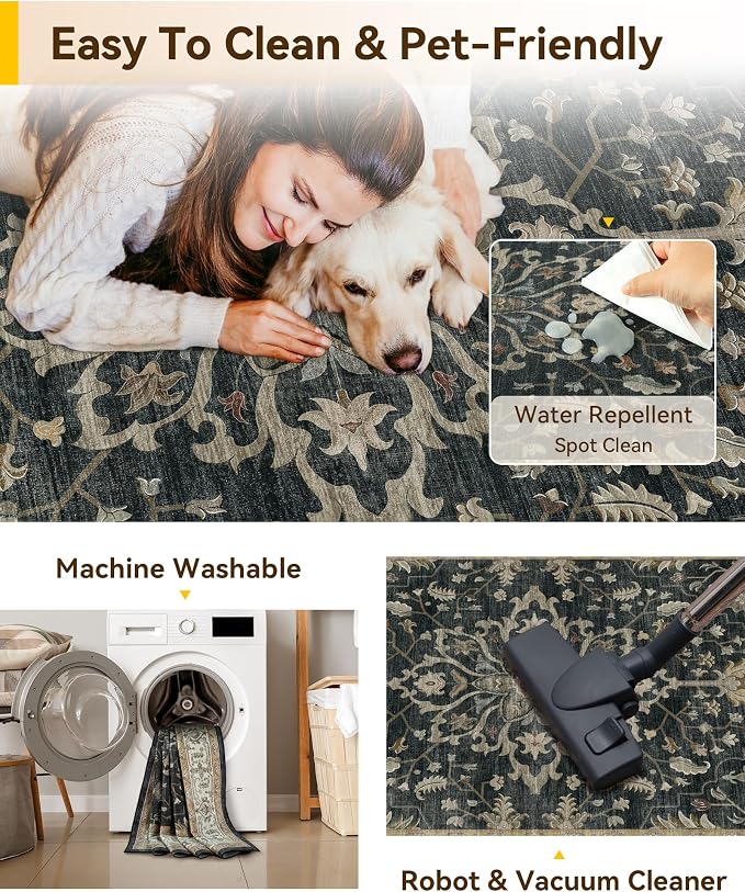 RELEANY Washable Area Rug, 6'x8', Black/Vintage/Beige | Non-Slip, Water Repellent, Pet Friendly, Easy to Clean, Vintage Floral Boho Decor for Living Room Bedroom Dining Room Office