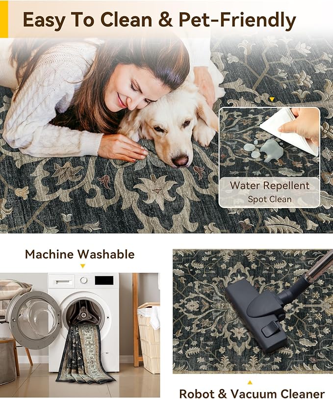 RELEANY Washable Area Rug, 6'x9', Black/Vintage/Beige | Non-Slip, Water Repellent, Pet Friendly, Easy to Clean, Vintage Floral Boho Decor for Living Room Bedroom Dining Room Office