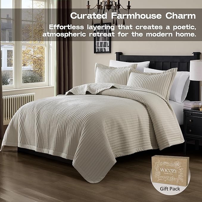 WDCOZY Beige Twin Size Quilt Set, Striped Pick Stitch Bedspread | Lightweight Soft Channel Coverlet, Spring Summer Thin Comforter, Farmhouse Rustic Country Bedding