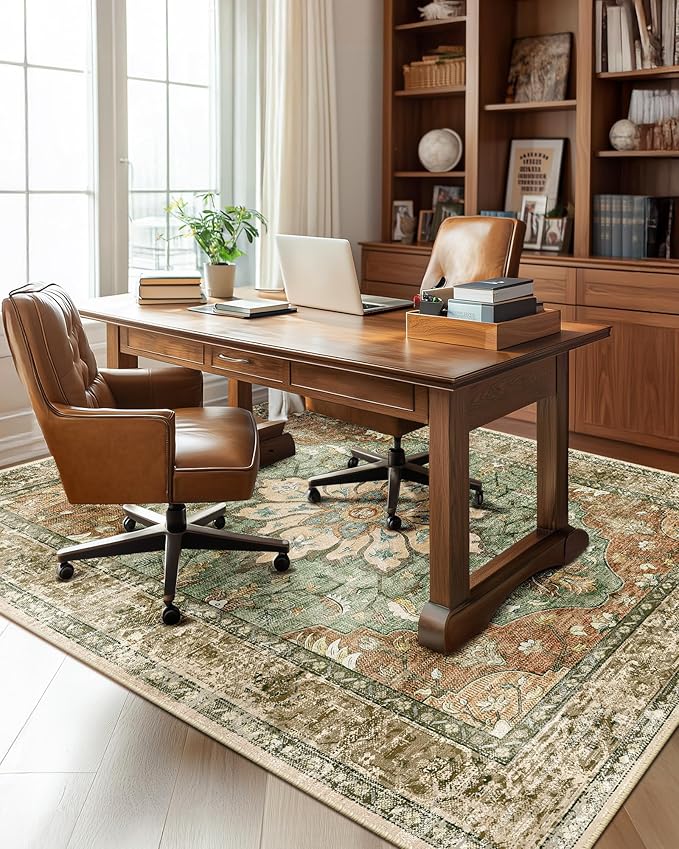 RELEANY Washable Area Rug, 6'x8', Brick/Brown/Green | Non-Slip, Water Repellent, Pet Friendly, Easy to Clean, Vintage Floral Boho Decor for Living Room Bedroom Dining Room Office