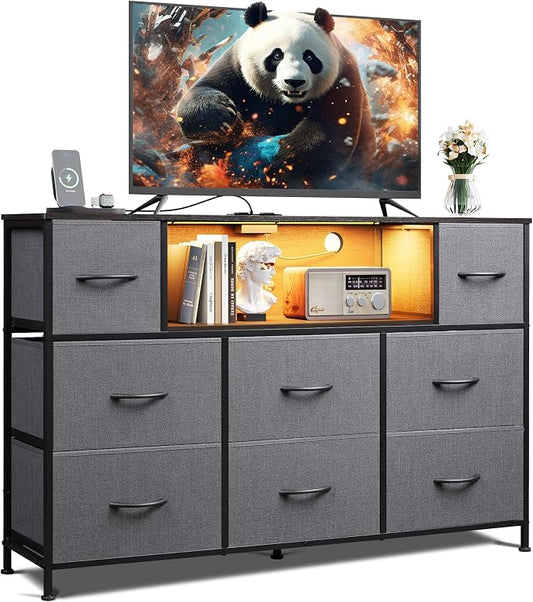 WLIVE LED Dresser TV Stand for 55 Inch TV, 8 Drawers, Dark Grey | Fits TVs up to 55 inch, 8 fabric drawers, LED chest of drawers, Built-in power outlet, Living room or bedroom