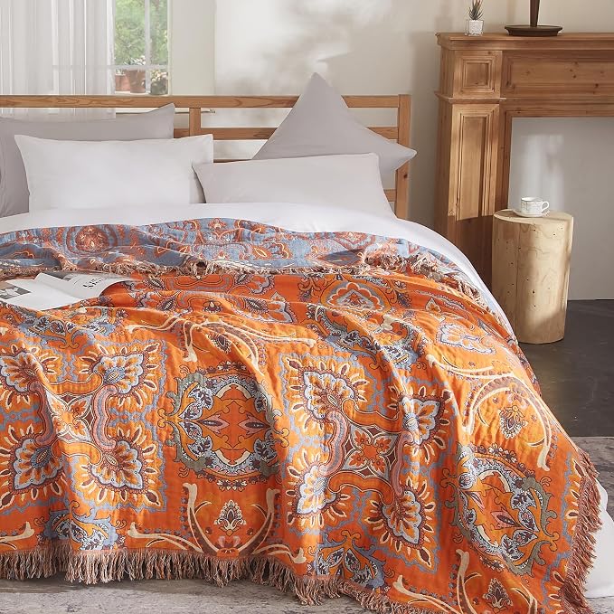 Boho Throw Blanket for Couch Sofa Bed, 100% Cotton Woven Quilt with Tassel 60”x80”, Super Soft Muslin Blanket with Floral Printed, Decorative Reversible Bed Blanket/Cover for All Seasons