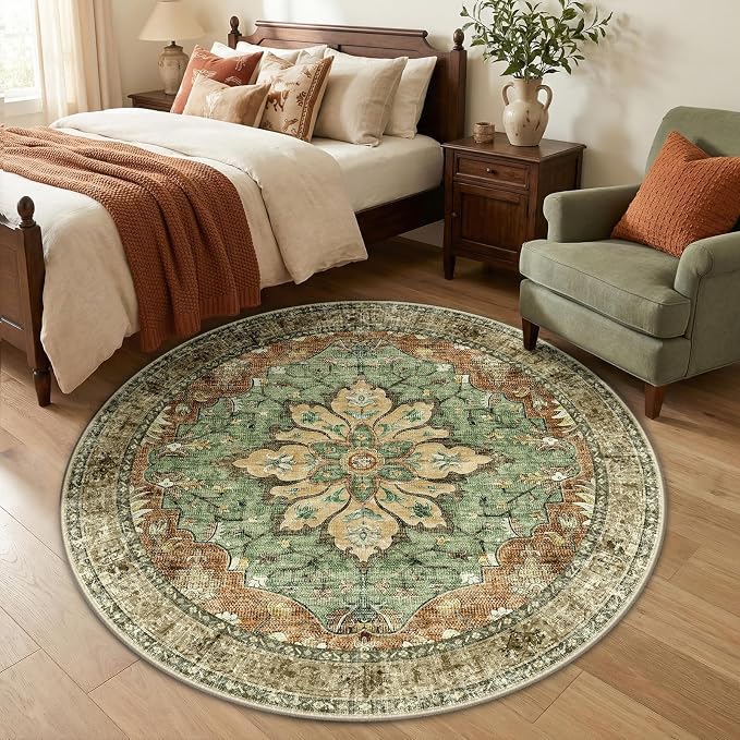 RELEANY Washable Area Rug, Round 5ft, Brick/Brown/Green | Non-Slip, Water Repellent, Pet Friendly, Easy to Clean, Vintage Floral Boho Decor for Living Room Bedroom Dining Room