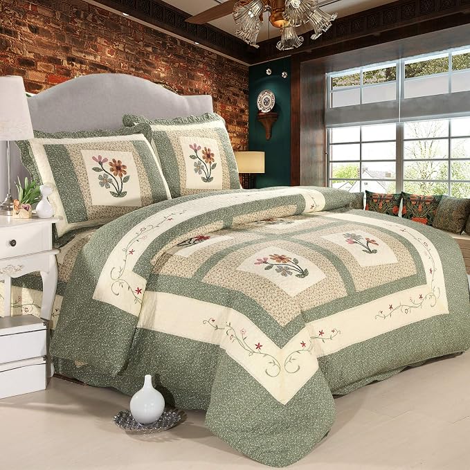 vctops Farmhouse Green 2 Piece Embroidered Floral Quilted Bedspread Quilt Set 100% Cotton Reversible Patchwork Coverlet Set 1 Quilt and 1 Pillow Sham (Green,Twin)