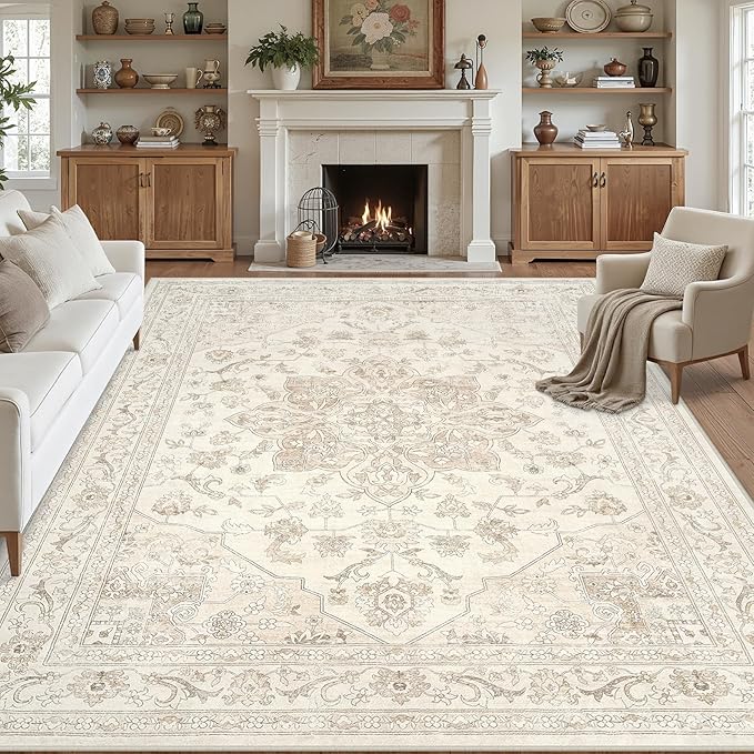 10x14 Area Rugs Living Room: Bedroom Washable Carpet Beige White | Vintage Boho Soft Small Indoor Decor Floor Non-Slip Low Pile Neutral Farmhouse Entryway Laundry Bathroom Bedroom Beside Rugs