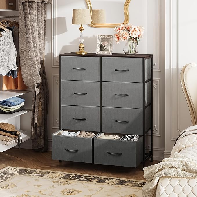 WLIVE Fabric Dresser for Bedroom, Tall Dresser with 8 Drawers, Storage Tower with Fabric Bins, Double Dressers, Chest of Drawers for Closet, Living Room, Hallway, Dark Gray | 8-drawer tall storage tower with fabric bins and wood tabletop, breathable no...