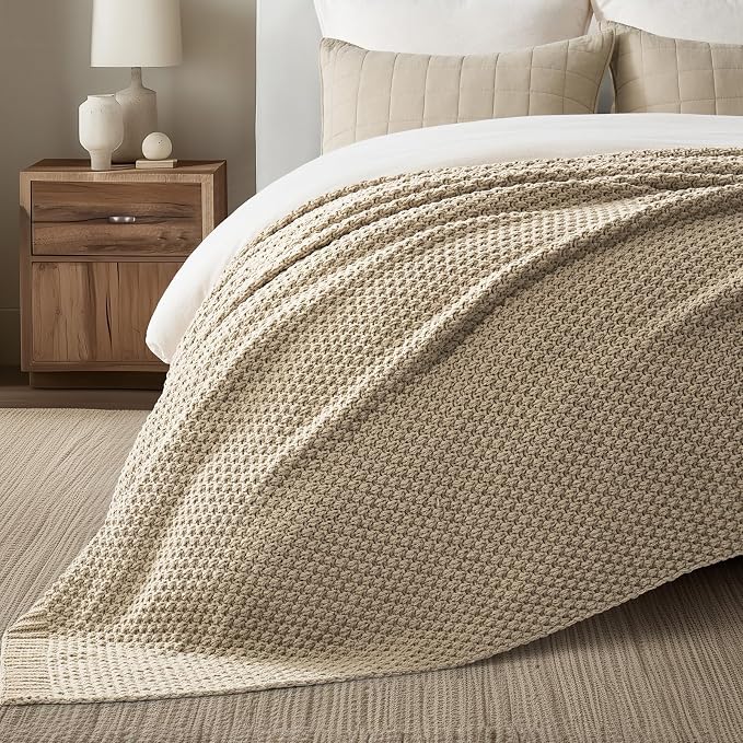 EVERGRACEHOME Chunky Chenille Knit Throw Blanket, 108x92, Sand Dune | Sculpted Moss Stitch, Chic Modern Farmhouse, All-Season Warmth, OEKO-TEX® Certified, Oversized King for Couch, Bed, Sofa
