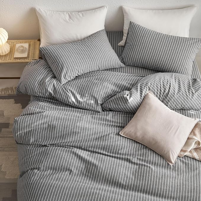 MooMee Striped Duvet Cover Set 100% Washed Cotton Linen Like Full | Relaxed Linen-like Texture. Soft, Breathable & Long-lasting Comfort. Lightweight. Hidden Zipper with 8 Interior Corner Ties