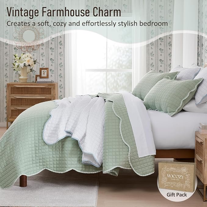 WDCOZY Sage Green Twin Size Quilt Bedding Set, Seafoam Scalloped Farmhouse Country Rustic Lightweight Soft Coverlet for All Season, Cute Cozy Kantha Pick Stitch Bedspread, 1 Pillow Shams