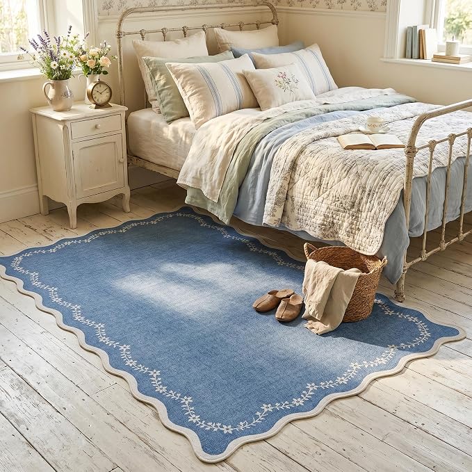 GarveeHome 3x5 Scalloped Washable Area Rug Non Slip Bedroom Entryway Rug | Soft Blue Kitchen Rug Low Pile Carpet Stain Resistant Throw Rug for Bedside Kids Room Office Dining Room