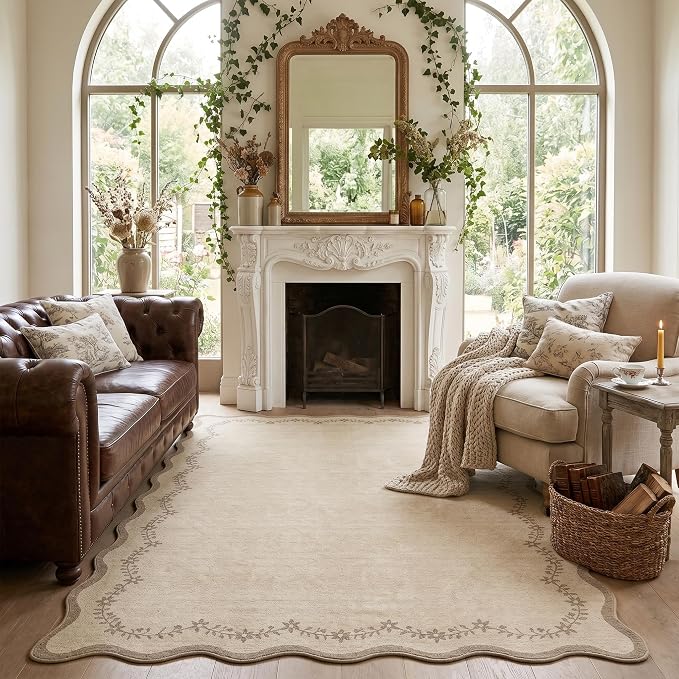 GarveeHome 5x7 Scalloped Area Rug Jute Washable Bedroom Living Room Rug | Soft Tan Neutral Floral Low Pile Non Slip Accent Floor Mat Solid Print Throw Rug Indoor Carpet for Dining Room Dorm Playroom