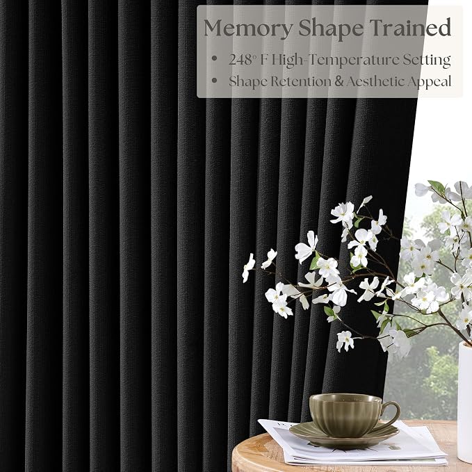 Black 120 Inch Pinch Pleated 100% Blackout Curtains with Liner 2 Panels Set | Thick Linen Textured, Energy Saving, Soundproof, Light UV Blocking, Thermal Insulated Curtain for Living Dining Room Bedroom