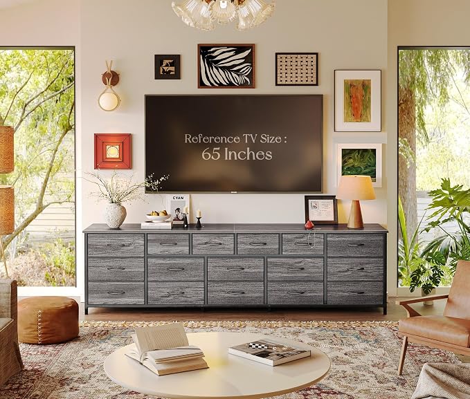 Huuger 77.6" Long Dresser for Bedroom, 16 Drawer Fabric Dresser for Closet, Wide Chest of Drawers with Storage, TV Stand for 65, 75, 85 Inch TV, 77.6" W x 13" D x 26.4" H, Grey