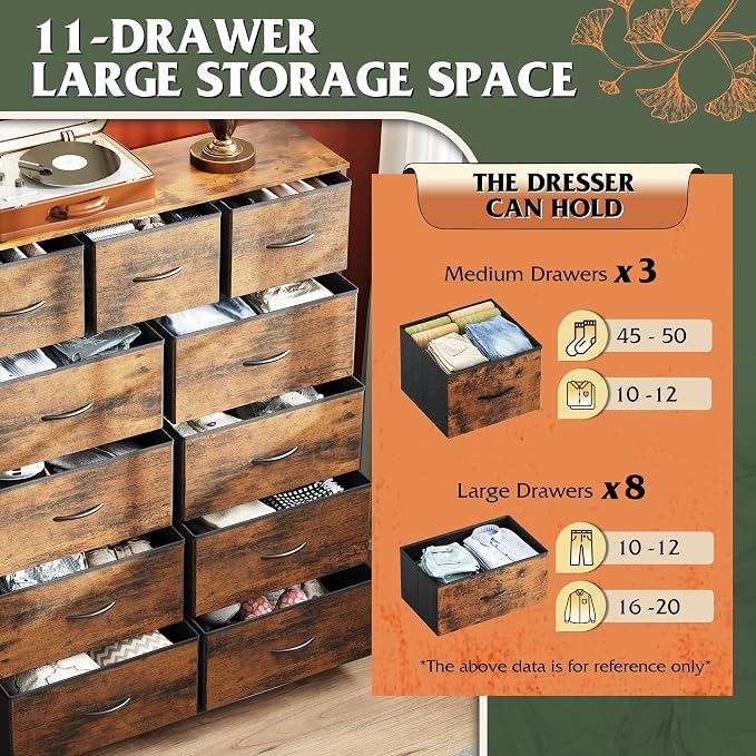 WLIVE Tall Dresser for Bedroom, 11 Drawer Chest of Drawers, Rustic Brown | 11 fabric storage drawers, Tall high-capacity design, Bedroom or dorm use, Sturdy steel frame, Smooth wood tabletop