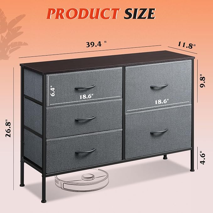 WLIVE 5 Drawer Fabric Dresser for Bedroom, Wide Storage Chest, Dark Grey | 5-drawer wide fabric dresser with steel frame, multipurpose bedroom living room hallway dorm closet storage organizer
