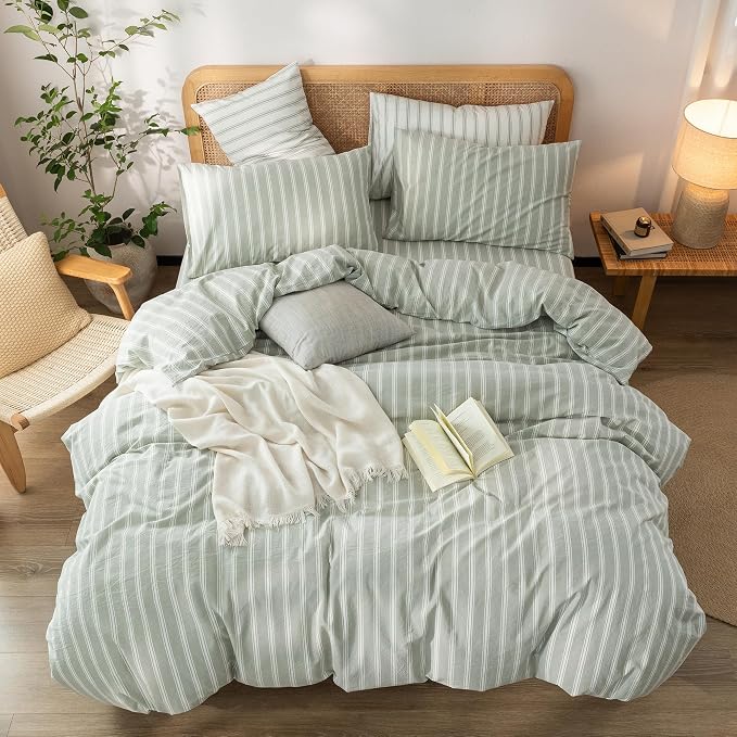 BESTOUCH Striped Cotton Duvet Cover Set Linen Feel California King | 100% Washed Cotton, Soft Wrinkle Texture, Hidden Zipper, 8 Ties, Breathable Lightweight Durable Comfy, 3 Pcs No Insert