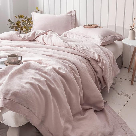 Simple&Opulence 100% French Linen Duvet Cover Set with Embroidered,3 Pcs Washed Soft Farmhouse Bedding Set with Button Closure,1 Comforter Cover and 2 Pillowshams(Full,Dusty Pink)