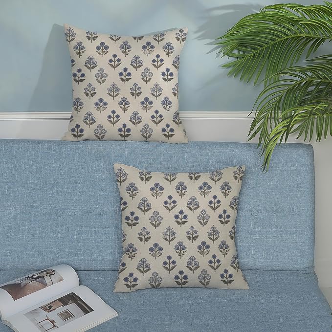 Blue Grey Pillow Covers 16x16 Inch 2 Pcs Gray Block Print Vintage Floral Decor Throw Pillows Boho Flower Spring Summer Outdoor Seasonal Decoration Pillowcase Linen Cushion Cover for Couch Sofa