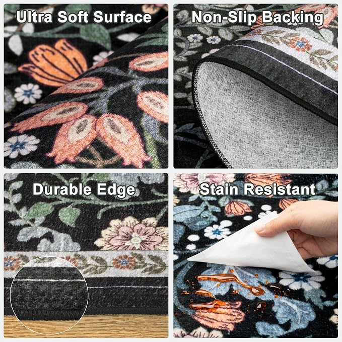 PLHXFR Area Rug 10x12 Living Room: Floral Washable Boho Carpet Dark Black | For Bedroom Dining Room Farmhouse Nursery Hallway,Vintage Floral,Machine washable,Non Slip,Stain Resistant,Large Indoor