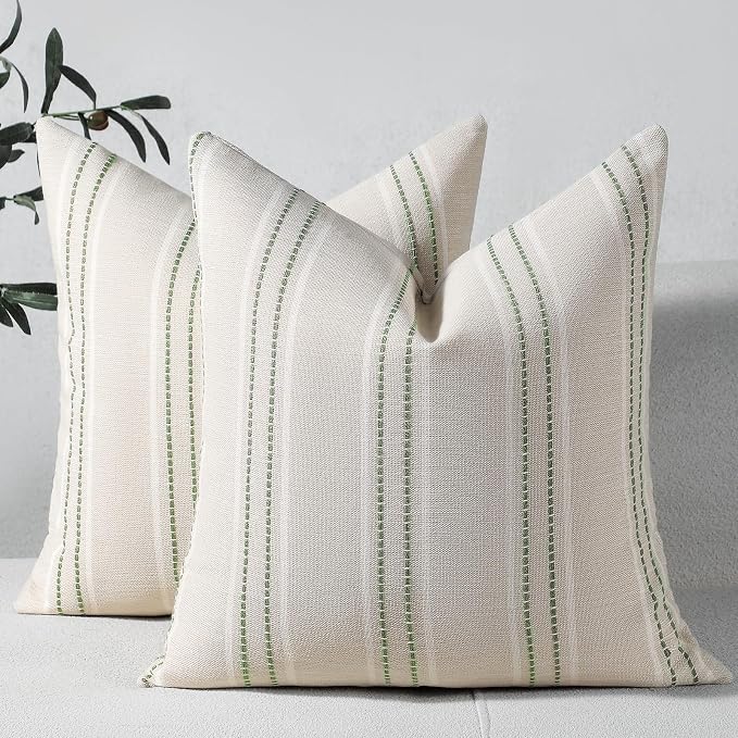 Hckot Sage Green Throw Pillow Covers 20x20 Set of 2 Striped Pillow Covers | Textured Linen Pillow Covers Christmas Farmhouse Decor Cushion Covers for Couch Bed Living Room Green Decorative pillows