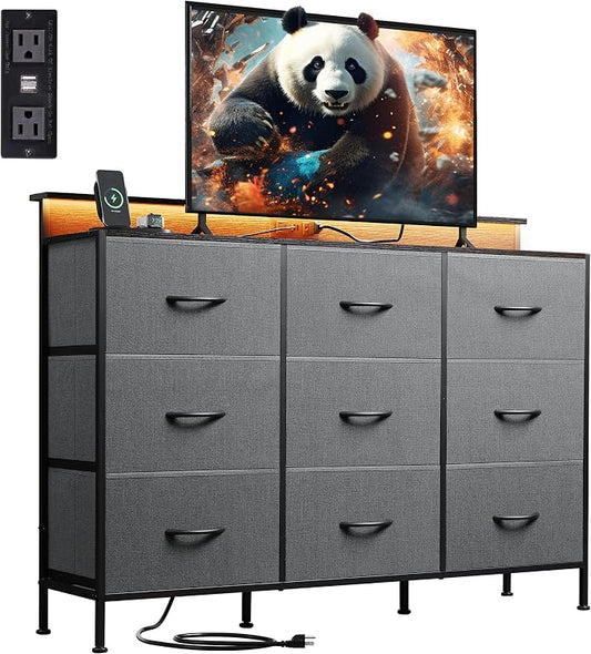 WLIVE Bedroom Dresser TV Stand 9 Drawer, Fabric Chest LED Lights, Dark Grey | 9-drawer fabric dresser for bedroom fits 55" TV with wood top & power outlet, media console for living room.Easy assemble