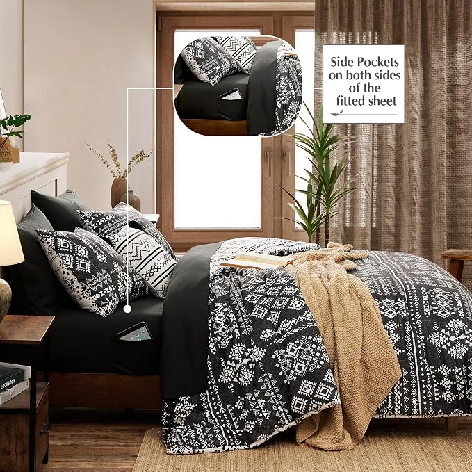 Queen Comforter Set - 7 Pieces Western Bedding Set Reversible Bed in A Bag | Boho Bedding, All Season Aztec Bed Set with Comforter, Sheets, Pillowcases & Shams, Grey and Black