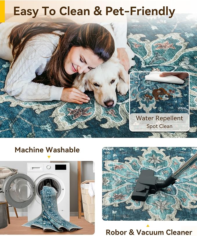 RELEANY Washable Area Rug, 6'x8', Teal | Non-Slip, Water Repellent, Pet Friendly, Easy to Clean, Vintage Floral Boho Decor for Living Room Bedroom Dining Room Office