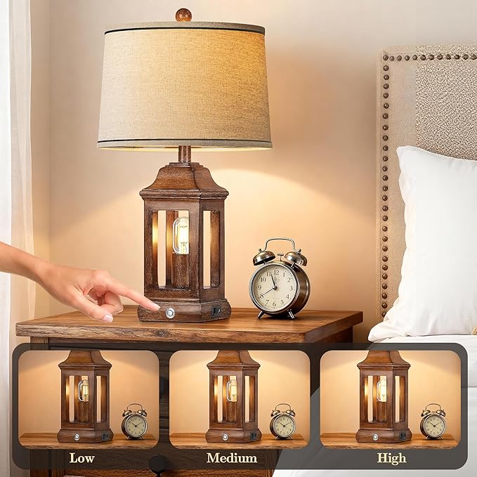 24" Rustic Farmhouse Table Lamps for Living Room Set of 2, Touch Dimmable Nightlight Vintage Bedside Lamps with USB A+C Ports & Dual Light Sources for Bedroom Nightstand End Table, Wood Grain