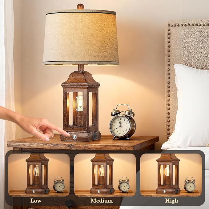 24" Rustic Farmhouse Table Lamps for Living Room, Single Pack Touch Dimmable Nightlight Vintage Bedside Lamps with USB A+C Ports & Dual Light Sources for Bedroom Nightstand End Table, Wood Grain