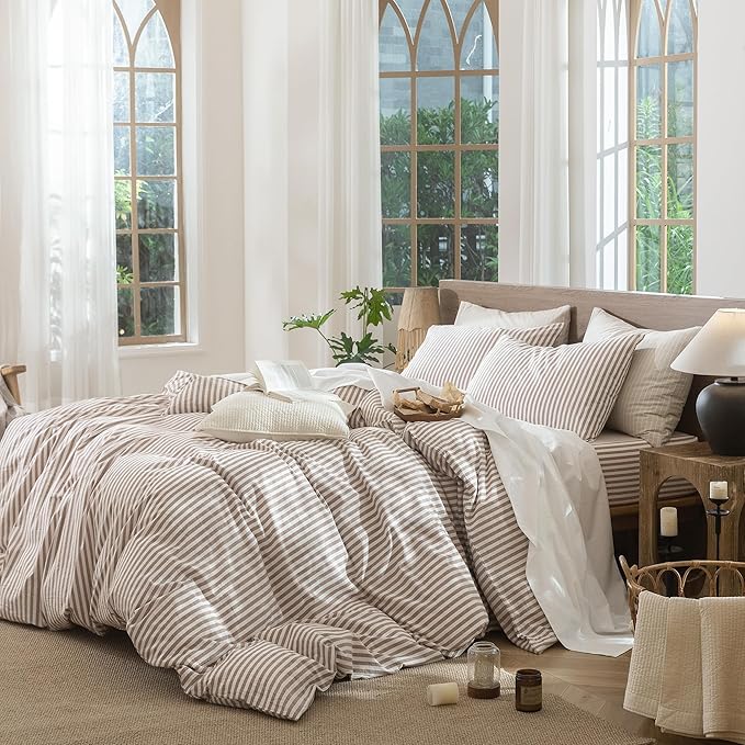 MooMee Striped Duvet Cover Set 100% Washed Cotton Linen Like Super Queen | Relaxed Linen-like Texture. Soft, Breathable & Long-lasting Comfort. Lightweight. Hidden Zipper with 8 Interior Corner Ties