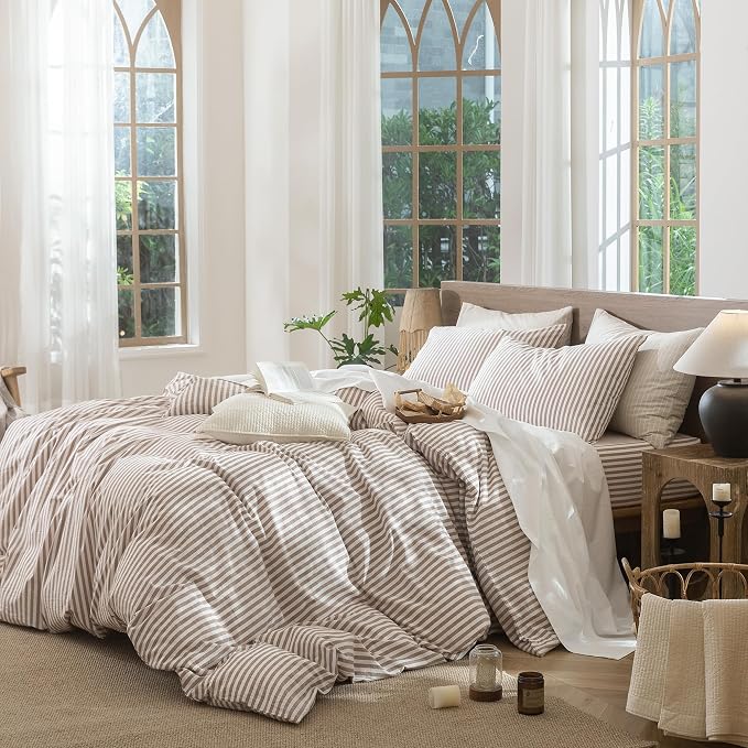 MooMee Striped Duvet Cover Set 100% Washed Cotton Linen Like Full | Relaxed Linen-like Texture. Soft, Breathable & Long-lasting Comfort. Lightweight. Hidden Zipper with 8 Interior Corner Ties