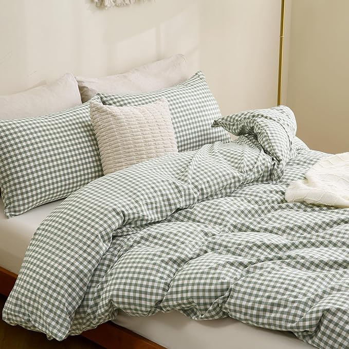 TOCOMOA Green Gingham Duvet Cover Set Washed Cotton Like Linen, Full | 100% Washed Cotton Linen-Like Feel Soft, Breathable & Comfy. Lightweight Bedding Set with Zipper & 8 Ties. 3 Pcs, No Insert