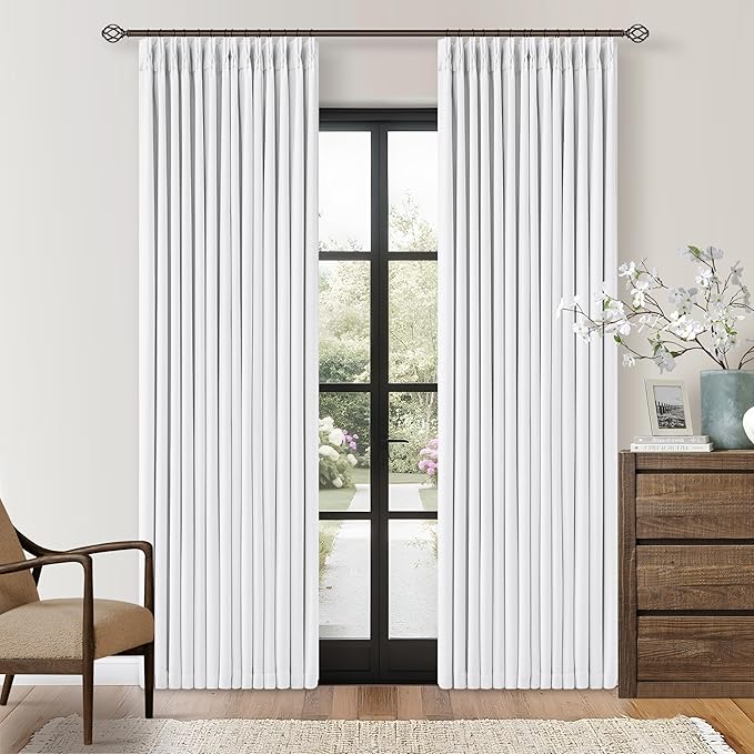 TWODRAPES Snow White Pleated Linen 100% Blackout Curtains 102 Inches Long | Pinch Pleat Back Tab, Linen Drapes with Liner, Black Out Thermal Insulated, Energy Saving Curtain for Living Room Bedroom
