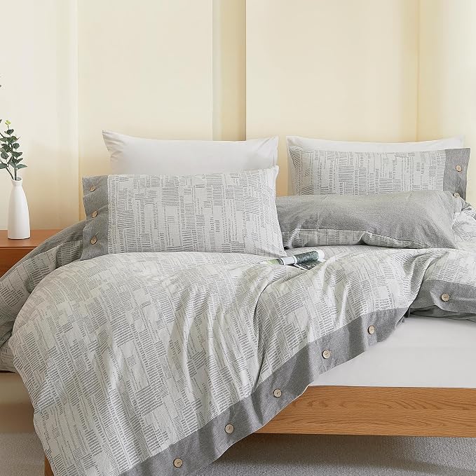 Oli Anderson 100% Egyptian Cotton Duvet Cover Queen Size, Grey, 3 Pieces | Yarn Dyed Jacquard Textured Bedding Set, Striped Boho Design, Pre-Washed, Button Closure, Soft Breathable, All Season Comfort