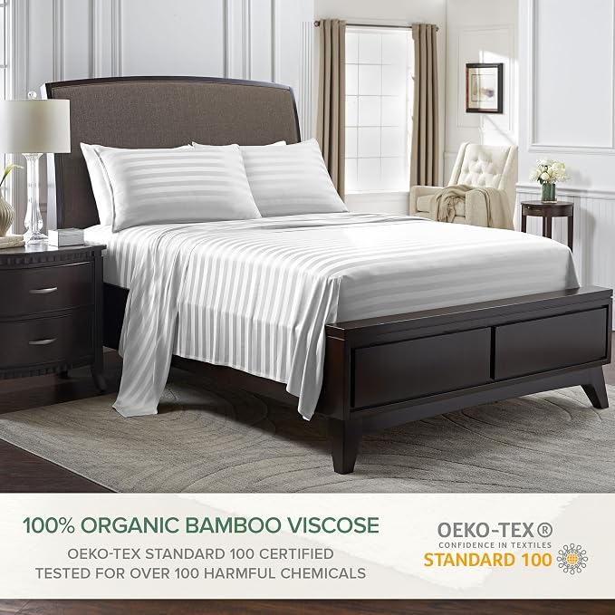 Pure Bamboo California King Sheets, Genuine 100% Organic Viscose Derived from Bamboo Bed Sheet Set, Soft & Cooling, Double Stitching, 2 Year Quality Promise (California King, Jacquard White)