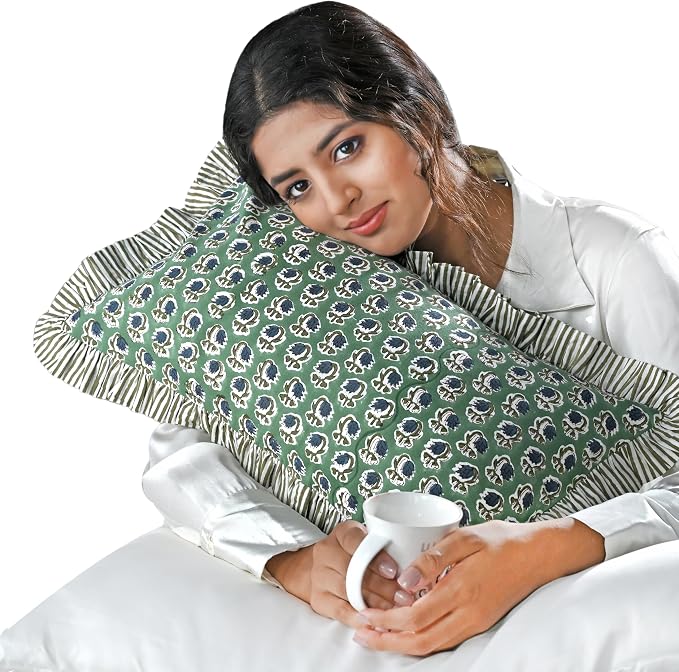Ridhi Block Print Basil Green Ruffle Lumbar Pillow Shams, 20" x 12" | 100% cotton, Floral Pillowcase, Cushion Cover, Hidden Zipper, Cottagecore Bedding, farmhouse boho style, fits couch, sofa,Bed