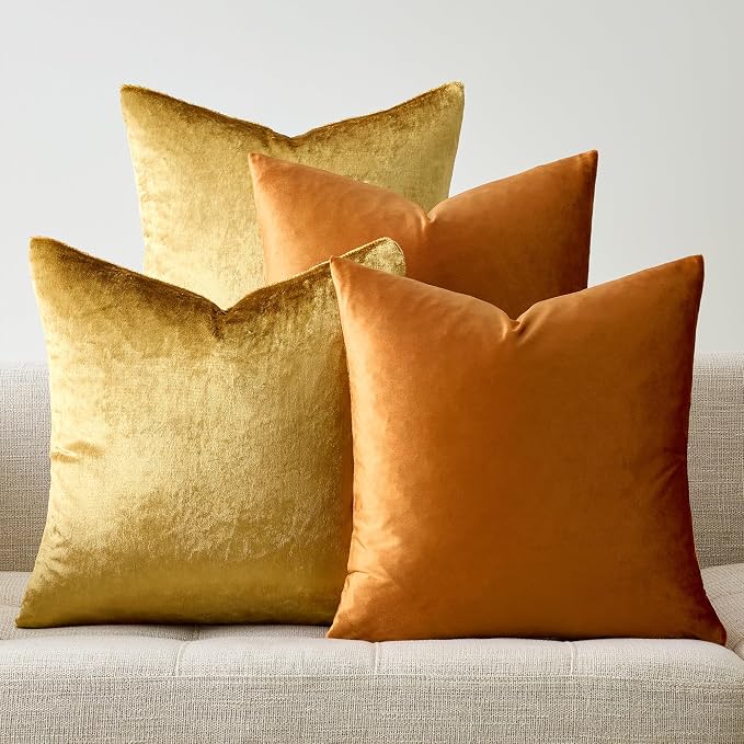GIGIZAZA Pack of 4 Decorative Velvet Pillow Covers 16x16 Orange Gold | Throw Pillows for Couch Sofa,280gsm Soft Textured Fabric,Modern Accent Pillowcases,Luxury Living Room Cushion Covers
