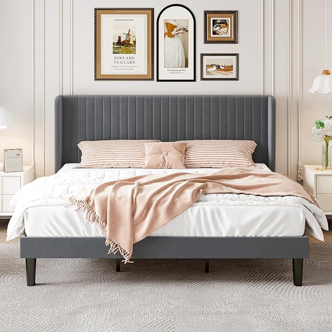 SHA CERLIN King Size Velvet Bed Frame, Tufted Wingback Headboard, Grey | 47'' Modern Vertical Channel Headboard, Upholstered Platform Bed, Wood Slats, No Box Spring Needed, Easy Assembly, Noise Free