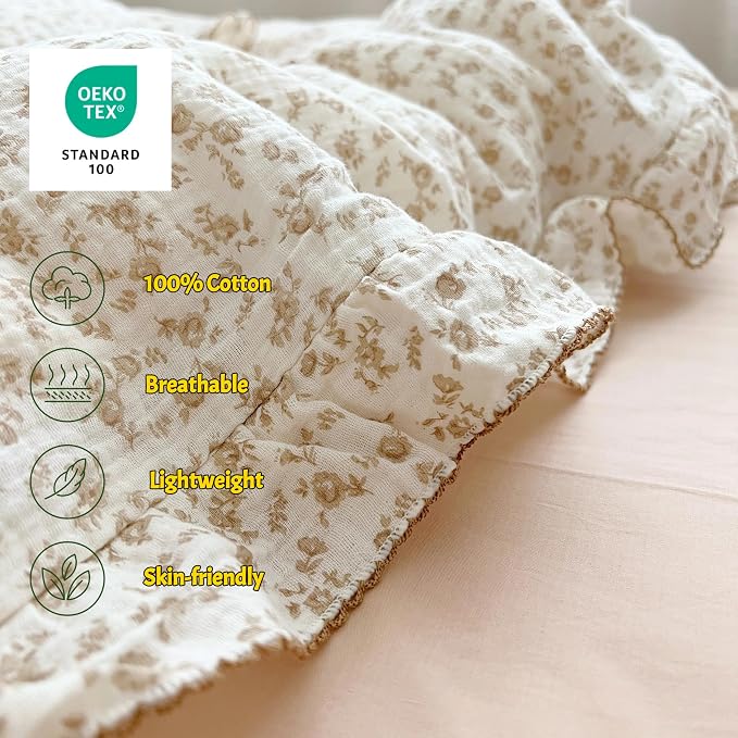 Cottage Camellia Print Duvet Cover King, Double-Layer Cotton Muslin Comforter Cover Floral Design Vintage Bedding Quilt Cover with Ruffles,90"x104", No Pillow, Machine Wash