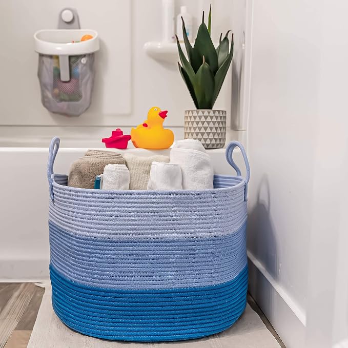 OrganiHaus Round Toy Basket & Blanket Basket, Cotton Rope 20x13" | 3-Toned Blue - Round Cotton Rope Basket, 20x13"