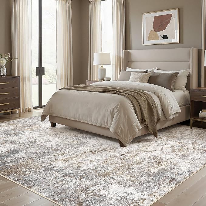 UERMEI 12x15 Area Rug Living Room Rugs Extra Large Brown Grey Carpet | Washable Neutral Modern Abstract Non-Slip Soft Low Pile Floor Rugs for Bedroom Dining Room Home Office Indoor Decor