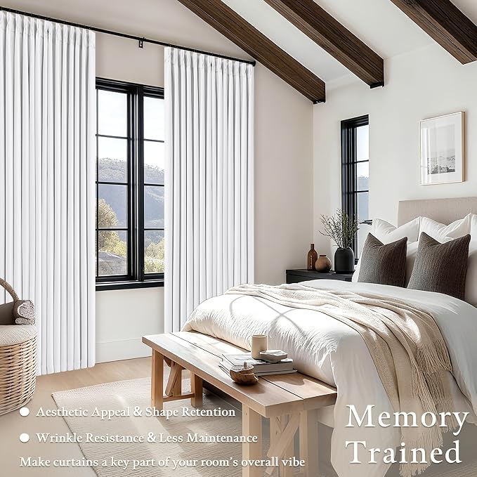 TWODRAPES Snow White Pleated Linen 100% Blackout Curtains 100 Inches Long | Pinch Pleat Back Tab, Linen Drapes with Liner, Black Out Thermal Insulated, Energy Saving Curtain for Living Room Bedroom