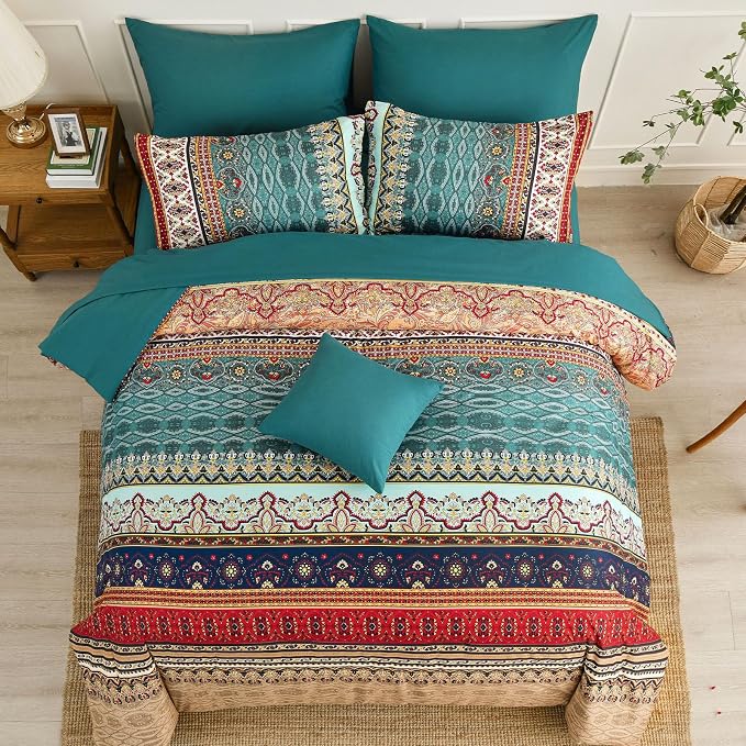 Cottolester Boho King Size Comforter Set 8 Pieces,Green and Brown Bohemian Striped Bed in a Bag,Floral Soft Microfiber Bedding Comforter Set
